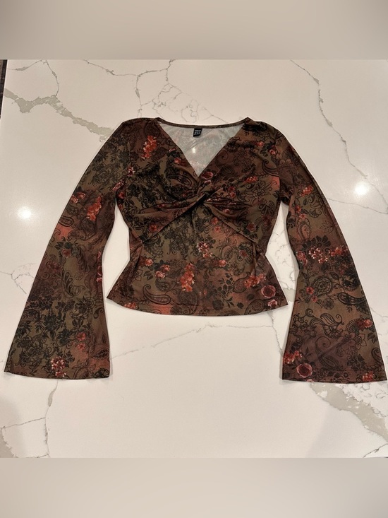 SHEIN Tops - Shein Floral Paisley Y2K Sheer Mesh Top M Bell Sleeves Flare Forest Fairy Goblin